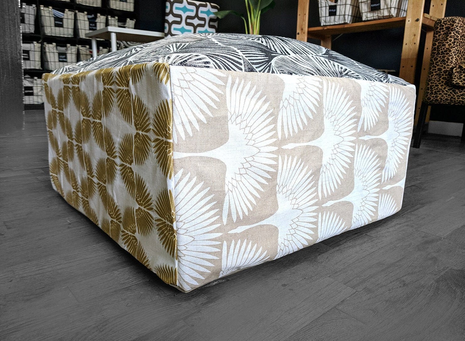 Rockin Cushions SALE Bean Bag Pouf Cover, Ottoman Neutral Tones, Gold Patterned
